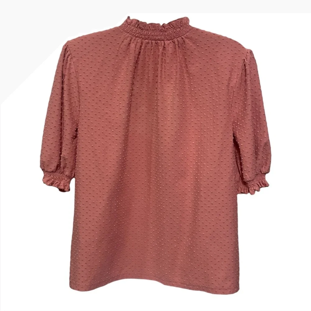 J. Crew Swiss Dot Mock Neck Puff Sleeve‎ Blouse Coral Pink Size S